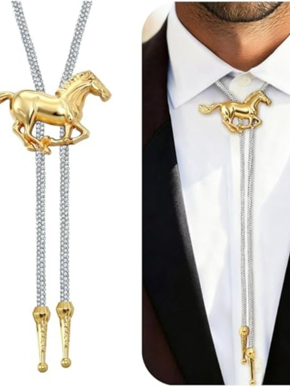 New - Bolo Tie or Necklace Cowboy Gold Trend Horse Necktie Rope Western Cowgirl